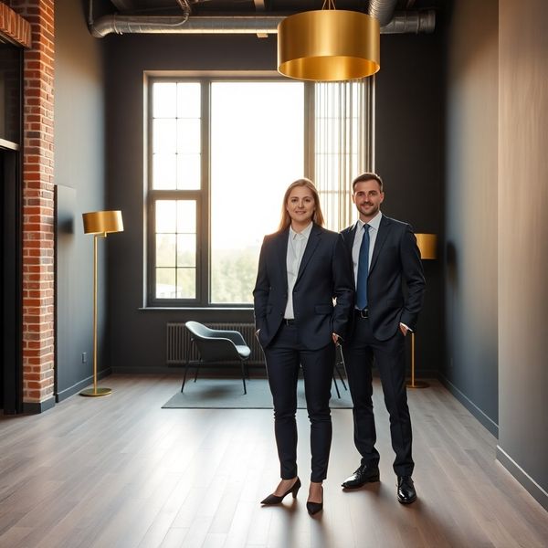 Dwóch specjalistów w formalnych garniturach we wnętrzu lubelskiego biura o wysokim suficie